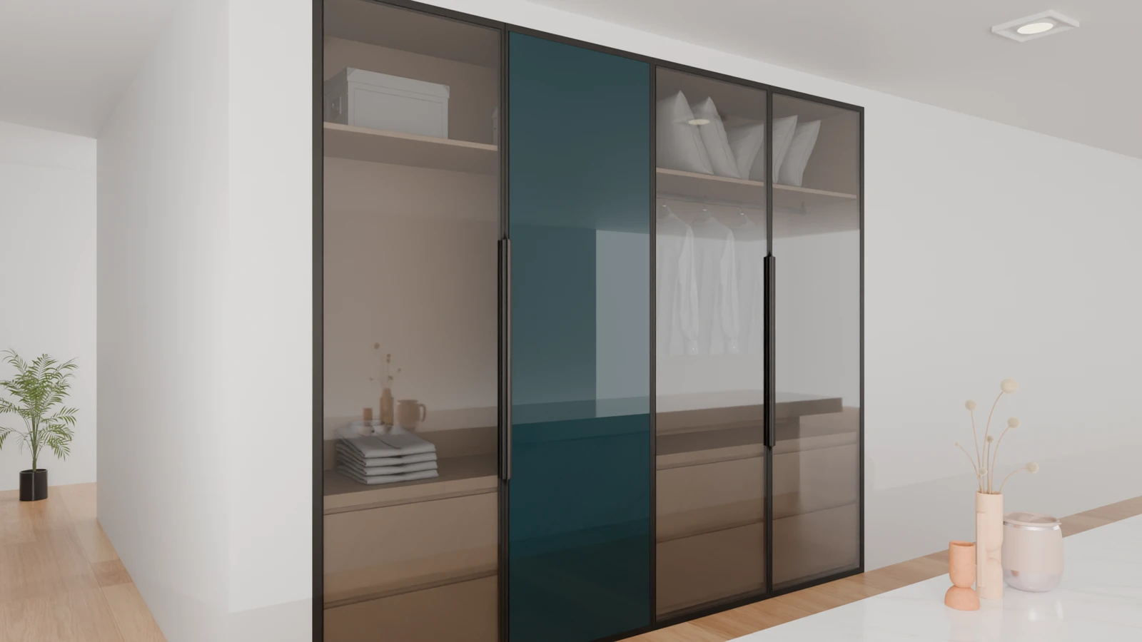Deep Petrol Blue high-gloss sheet wardrobe in a modern bedroom